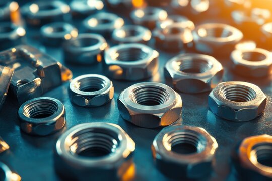 Close up view of organized nuts arranged on a workshop surface