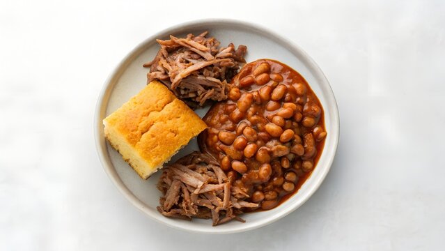 Savory Barbecue Meal with Pulled Pork Baked Beans and Cornbread on White Plate