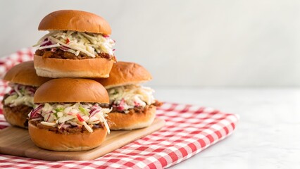 Stack Of Delicious Pulled Pork Sliders With Creamy Coleslaw On A Red Gingham Napkin
