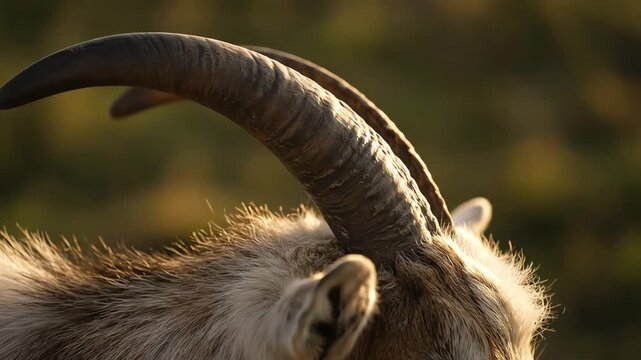 Majestic Horns and Detailed Fur Close-Up of Wild Goat in Natural Setting with Soft Golden Light, Showcasing the Beauty of Wildlife and Nature's