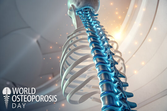 Digital spine and ribcage with glowing chest on modern backdrop—promoting World Osteoporosis Day and raising awareness about bone strength and spinal health. generative ai - Powered by Adobe