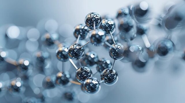 Complex, interconnected structure of carbon based molecules on a sleek blue background. Molecular atoms, intricate chemical bonds details. Scientific innovation research in modern context. Close-up