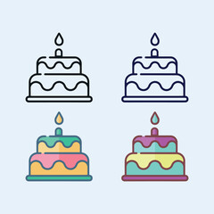 Colorful Flat and Outline Line Art Birthday Cake with Candle Icon Set

