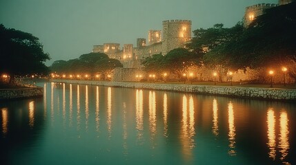 Naklejka premium Serene river reflecting warm lights from ancient castle at dusk