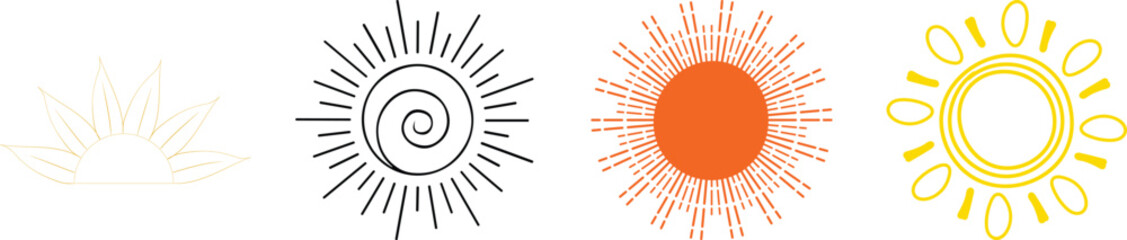 Collection of stylized sun icons in various designs and colors