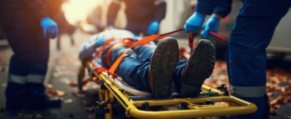 The Stretcher Carrying An Injured Patient Through A Busy Street Emergency Scene