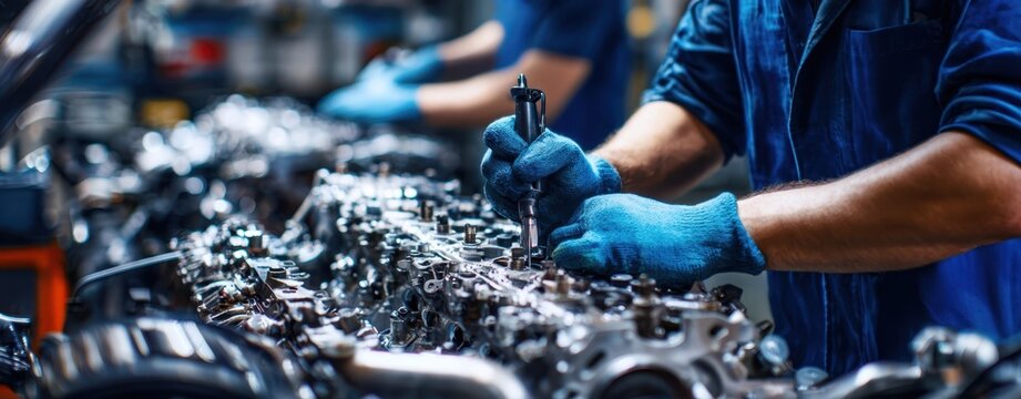 The Engine Assembly Line Technician Repairing Automotive Cylinder Head Components in Industrial Factory