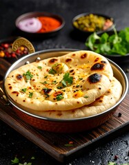 Fluffy, baked bread with parsley, nestled in a copper dish, beside spices