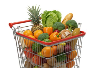 Gleaming chrome shopping cart, vibrant red handles, overflowing with diverse fresh produce (pineapple, oranges, bell peppers, lettuce, broccoli, kiwis) and artisanal bread on transparent, concept of
