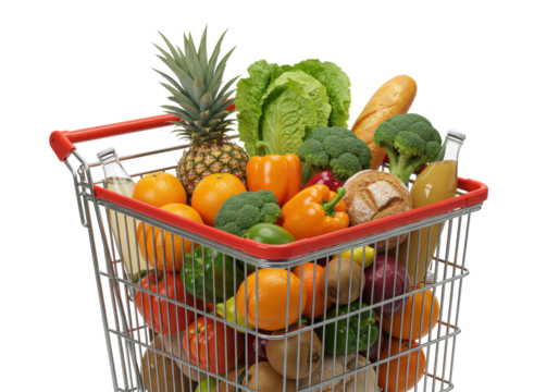 Gleaming chrome shopping cart, vibrant red handles, overflowing with diverse fresh produce (pineapple, oranges, bell peppers, lettuce, broccoli, kiwis) and artisanal bread on transparent, concept of