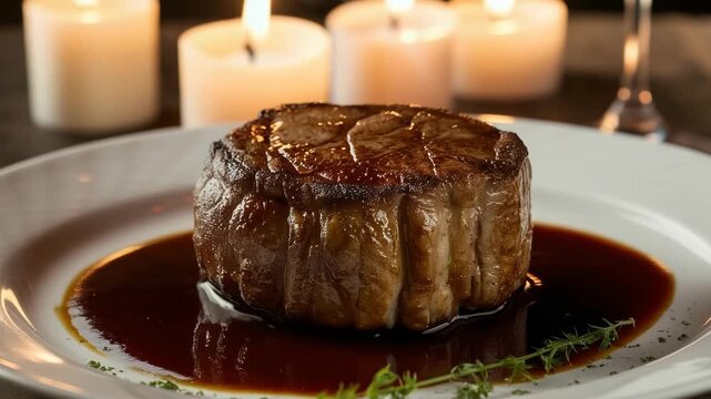 Juicy grilled filet mignon steak served with rich sauce and candles