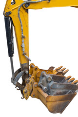 bucket of a modern excavator on a white