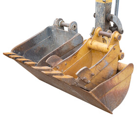bucket of a modern excavator on a white