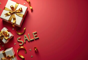 Inscription Sale with gift boxes with golden ribbons on red background. Copy space.