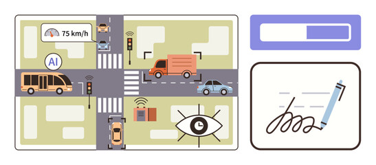 Autonomous system regulating vehicles, analyzing speed, and monitoring pedestrians at city intersections. Ideal for urban planning, AI innovation, smart cities, traffic safety, logistics, technology