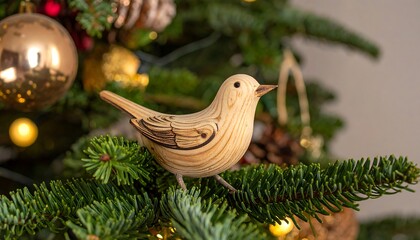 A close-up shot presents a wooden bird ornament perched on a lush evergreen branch, accented by golden baubles and other decorations