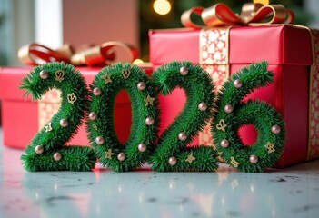 Inscription 2026 made from Christmas tree with gift boxes on background.