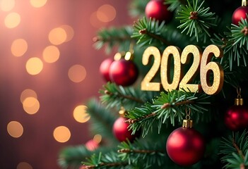 Inscription 2026 on Christmas tree with red balls on background with bokeh lights. Copy space.