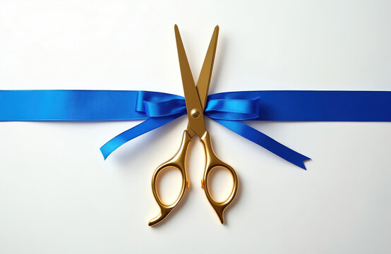 Golden scissors prepare to cut blue ribbon during official ceremony. Grand opening celebration for new business, store project launch. Moment signifying success, achievement, fresh start. Signifies
