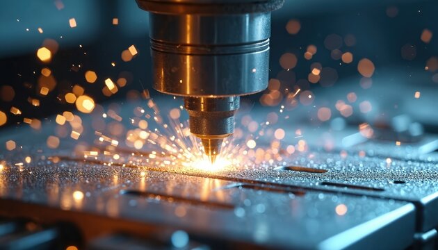 Close-up shows industrial cutting tool processing metal surface. Bright sparks fly from precise machining operation. Automated CNC machine engraves object with high tech precision. Modern tech