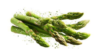 Green asparagus sprouts flying isolated on a white background