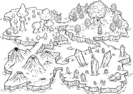 Hand draw cartoon fantasy map landscape with crystals, forest, volcano, mushrooms in doodle line style. Isometric vector illustration islands location for medieval adventure game.