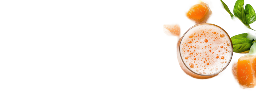 Orange juice glass with fruit cubes and green leaves on transparent background