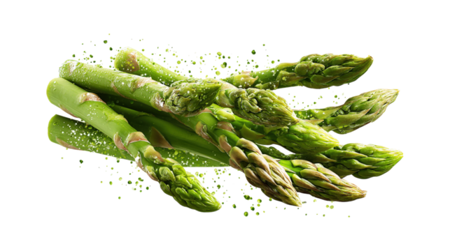 Green asparagus sprouts flying isolated on a white background