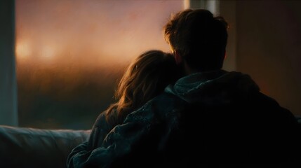 A couple embraces by a window watching the warm glow of sunrise or sunset in a cozy home