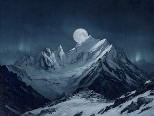 Majestic moonrise illuminates snow capped mountain peaks under a starry auroral night sky