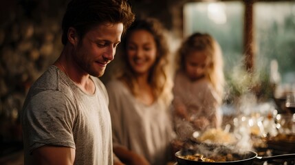 A smiling family enjoys cooking dinner together in a warm rustic kitchen setting with steam from a pan