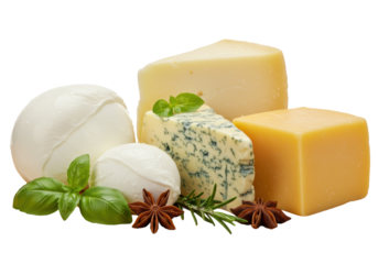 Gourmet cheese assortment: creamy mozzarella, yellow blue cheese, firm cheddar, fresh basil, rosemary, star anise, arranged on wooden board with white background, soft studio light, concept of
