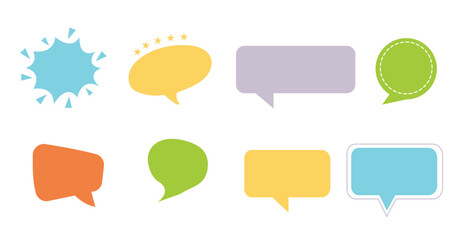 Collection of eight colorful speech bubbles and thought bubbles