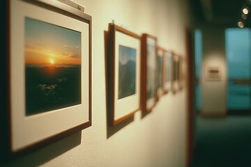 Framed photographs line softly lit gallery wall, showcasing stunning landscapes