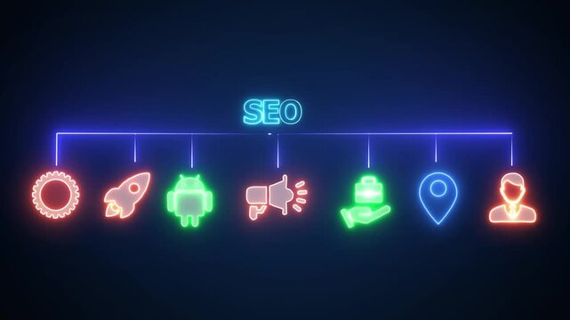 neon line banner of SEO concept with icons of web, analysis, content, backlink, keyword, traffic, ranking and optimization isolated on transparent