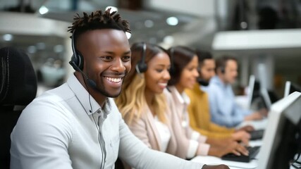 Group of multicultural call center employees sitting at desks with headsets, focused on computers - Powered by Adobe