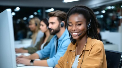 Group of multicultural call center employees sitting at desks with headsets, focused on computers, teamwork in professional customer support office - Powered by Adobe