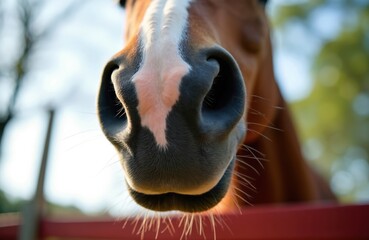 Large brown, white horse muzzle in extreme closeup, showing pink skin. Dark nostrils clearly visible. Gentle equine animal breathes, sniffs air. Domestic pet stands near red fence, outdoor farm scene