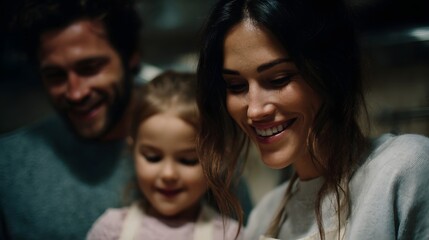 Fototapeta premium A happy family parents and their young daughter are joyfully cooking and preparing food together in a cozy kitchen