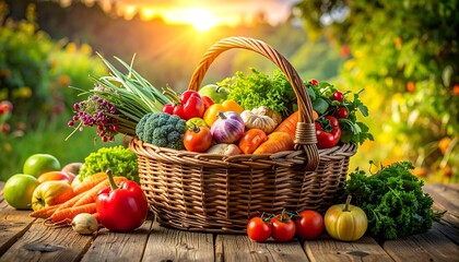 Wicker basket overflowing with colorful vegetables and fruits on a rustic wooden table, sunlit background