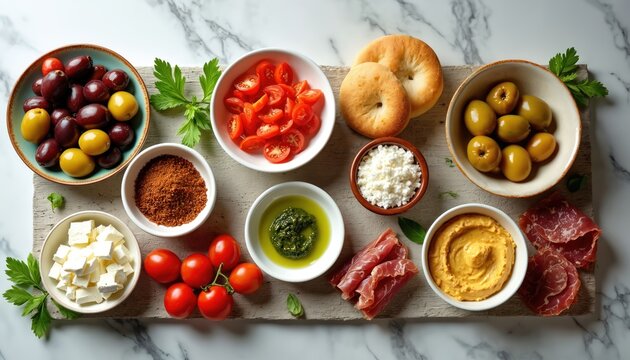 Vibrant flat lay of mediterranean mezze platter including olives tomatoes cheese hummus, bread. Food spread consists of various colorful delicious appetizers for sharing. Healthy ingredients for - Powered by Adobe