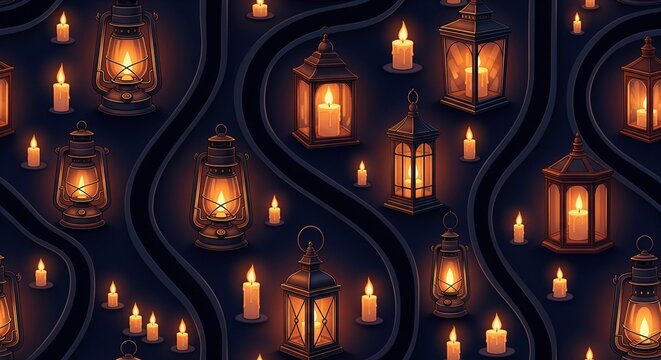 Warm glowing lanterns and candles illuminate a dark night sky with swirling patterns.