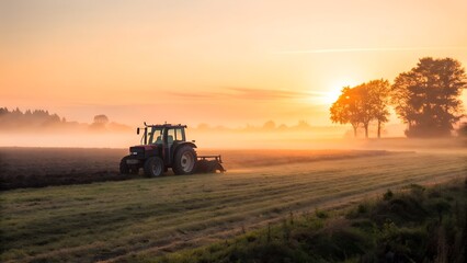 Fototapeta premium Tractor Cultivating a Field at Sunrise with Golden Light and Fog in Rural Landscape