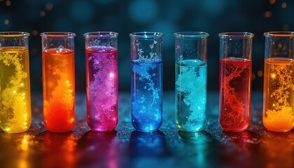 Glass test tubes hold vibrant colorful liquids showing complex chemical reactions. Intricate patterns form inside transparent tube. Scientific research experiment process highlights new tech