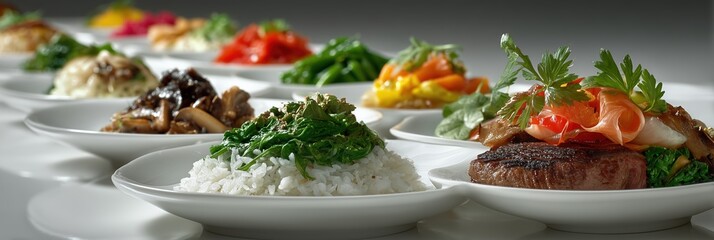 Gourmet plated dinner with steak, seafood, and assorted vegetables in fine dining style.
