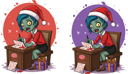 Zombie writing letter to Santa at desk, cartoon Christmas horror scene, festive undead character, humorous holiday illustration, creepy cute artwork