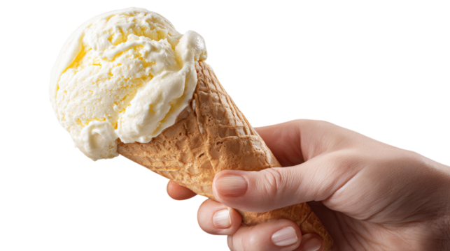 Hand holding vanilla ice cream with a cone isolated on a white background