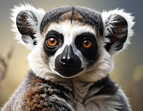 A close-up portrait of a ring-tailed lemur, showcasing its expressive, amber eyes and black and white markings. The animal is staring directly at the viewer
