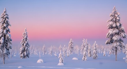 Winter forest landscape with snow covered trees at sunset