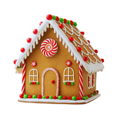 Delicious gingerbread house decorated with icing candy and gumdrops festive holiday food isolated on transparent background
